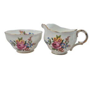 Adderley Creamer Sugar Bowl Floral Bone China England Vintage Gold Trim